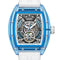 Luxury watch with blue transparent case and white strap on a white background