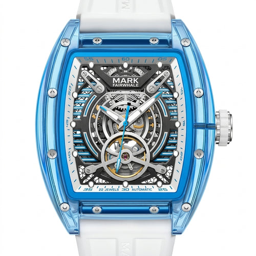 Luxury watch with blue transparent case and white strap on a white background