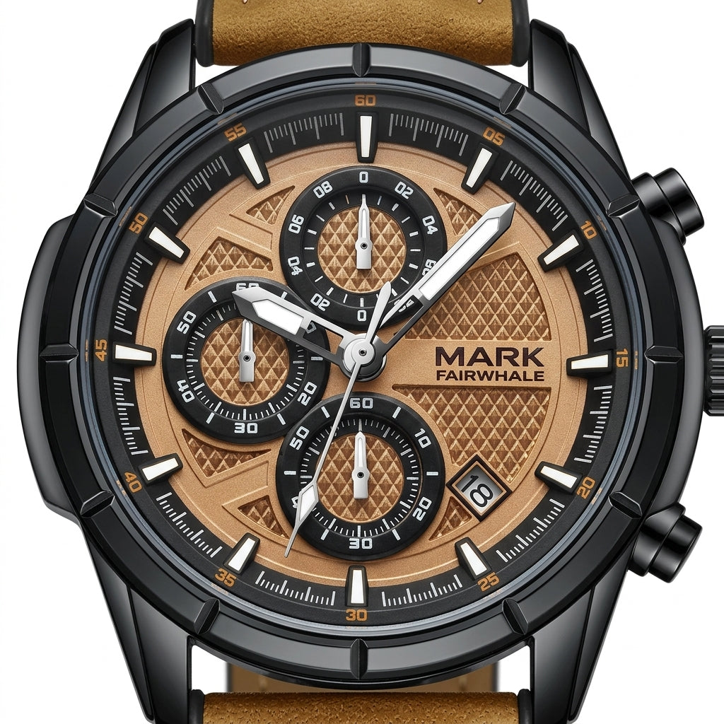 Luxury watch with brown leather strap and detailed face, featuring the brand 'Mark Fairwhale'.