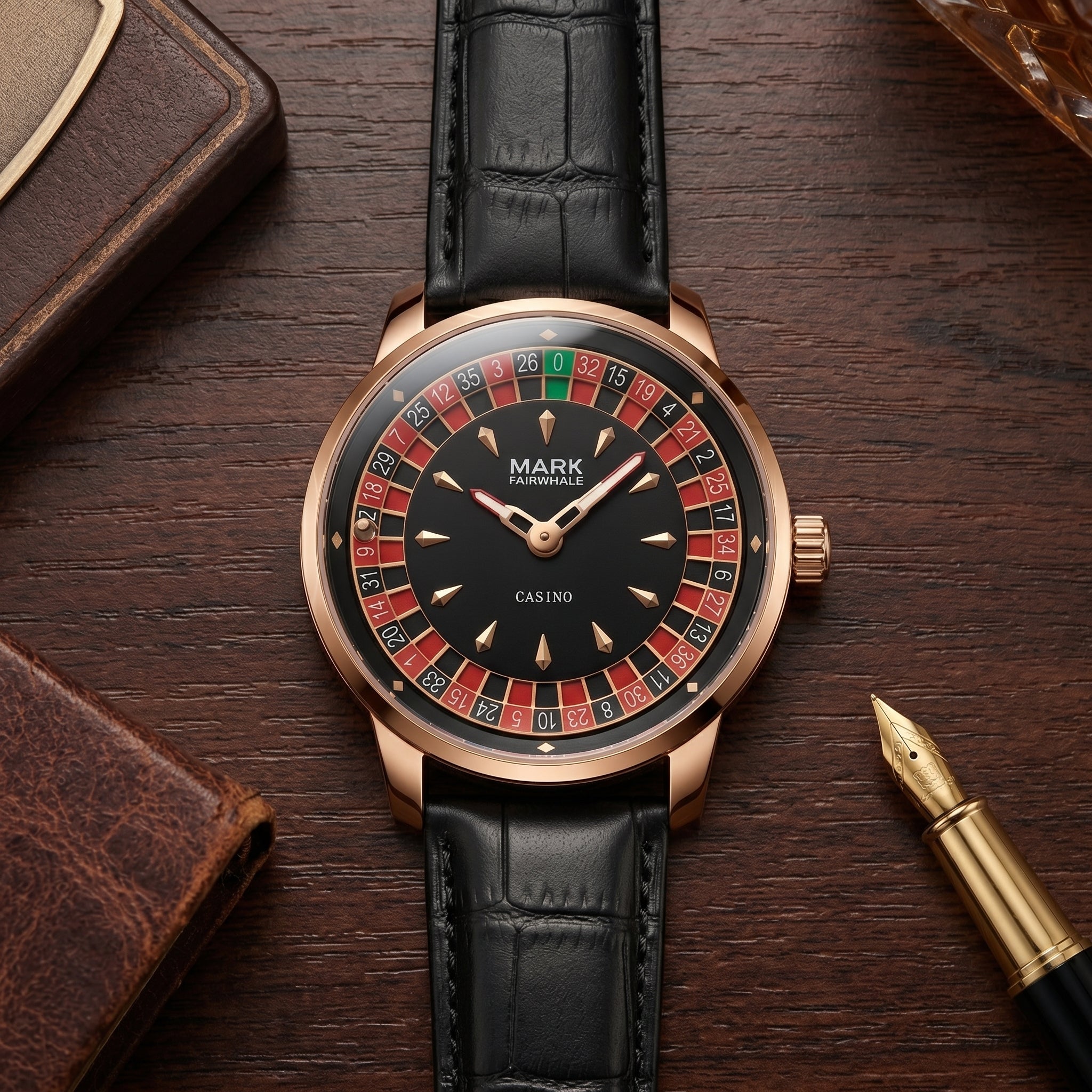 Luxury watch with brown leather strap and intricate face on a wooden surface
