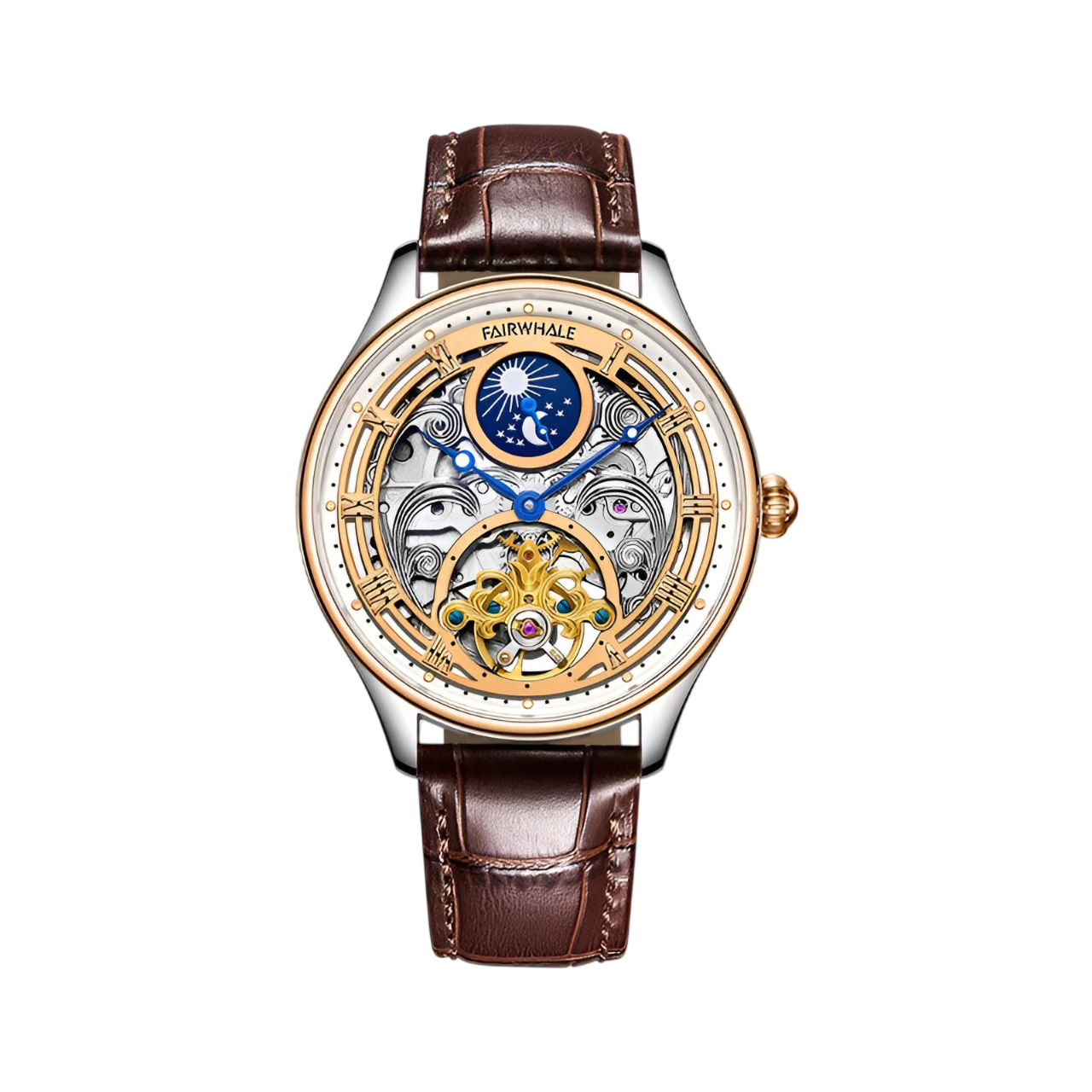 Luxury watch with brown leather strap and visible brand name on a white background