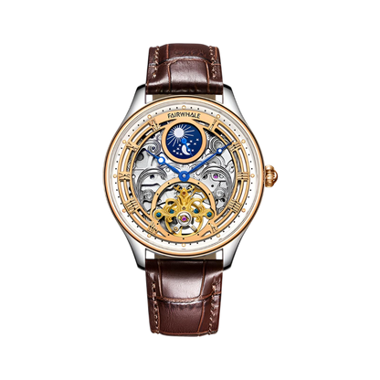 Luxury watch with brown leather strap and visible brand name on a white background