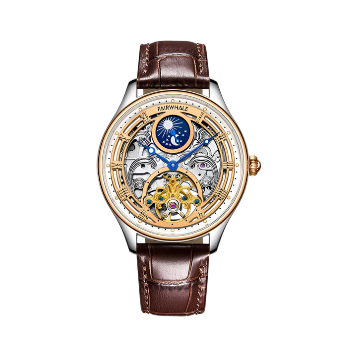 Luxury watch with brown leather strap and visible brand name on a white background