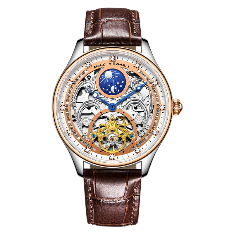 Luxury watch with brown leather strap and visible mechanical components on a white background