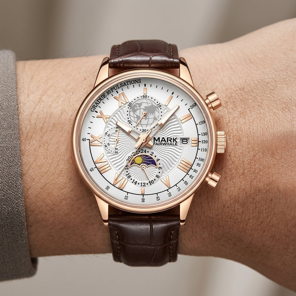 Luxury watch with brown leather strap on wrist against a neutral background