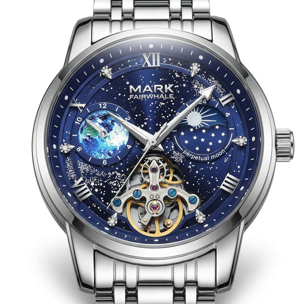 Luxury watch with detailed face and brand name on a white background