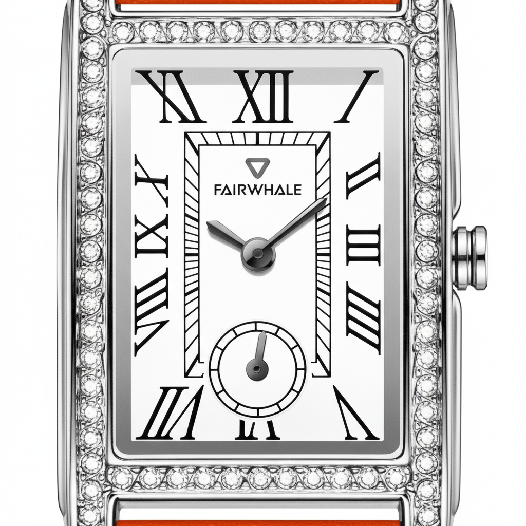 Luxury watch with diamond-studded case and Roman numeral markers on a white background