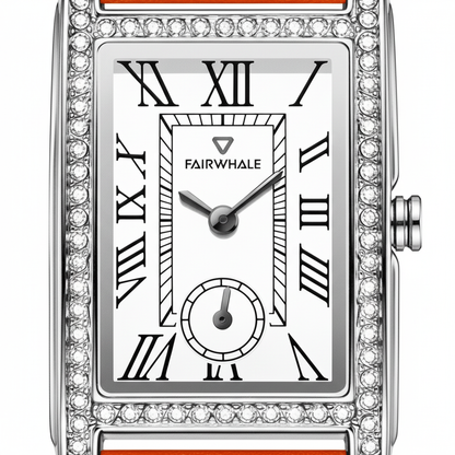 Luxury watch with diamond-studded case and Roman numeral markers on a white background