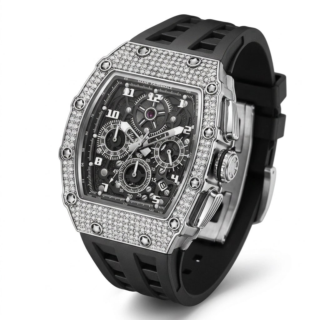 Luxury watch with diamond-studded case and black strap on white background