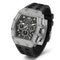 Luxury watch with diamond-studded case and black strap on white background