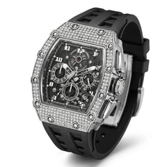 Luxury watch with diamond-studded case and black strap on white background