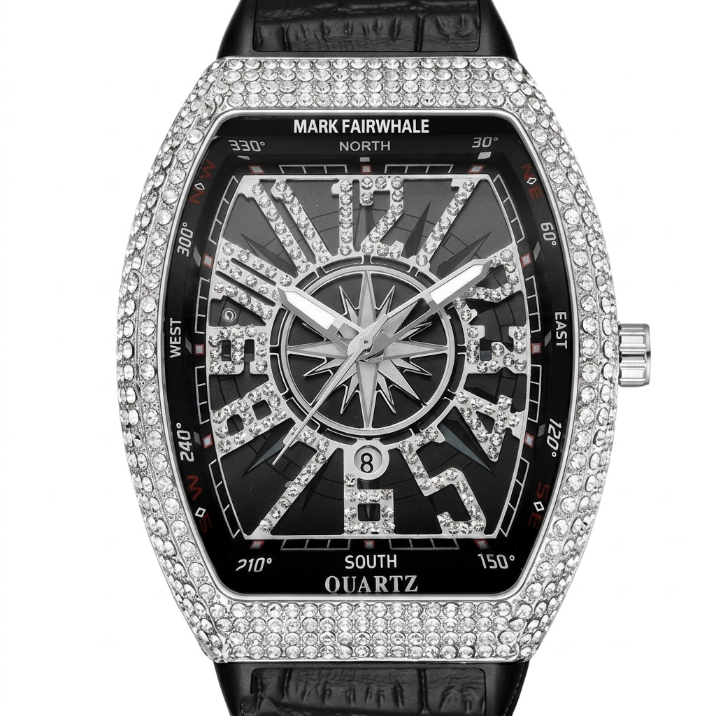 Luxury watch with diamond-studded case and compass design on a white background