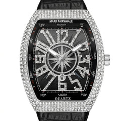 Luxury watch with diamond-studded case and compass design on a white background