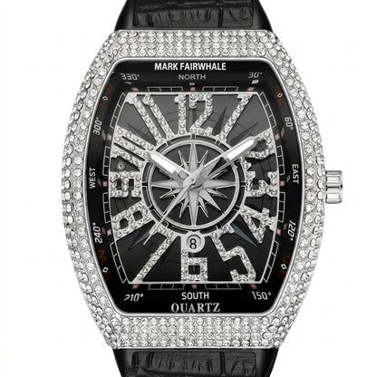 Luxury watch with diamond-studded case and compass design on a white background