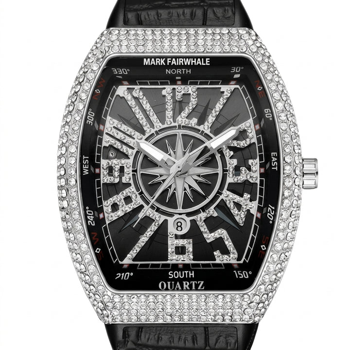 Luxury watch with diamond-studded case and compass design on a white background