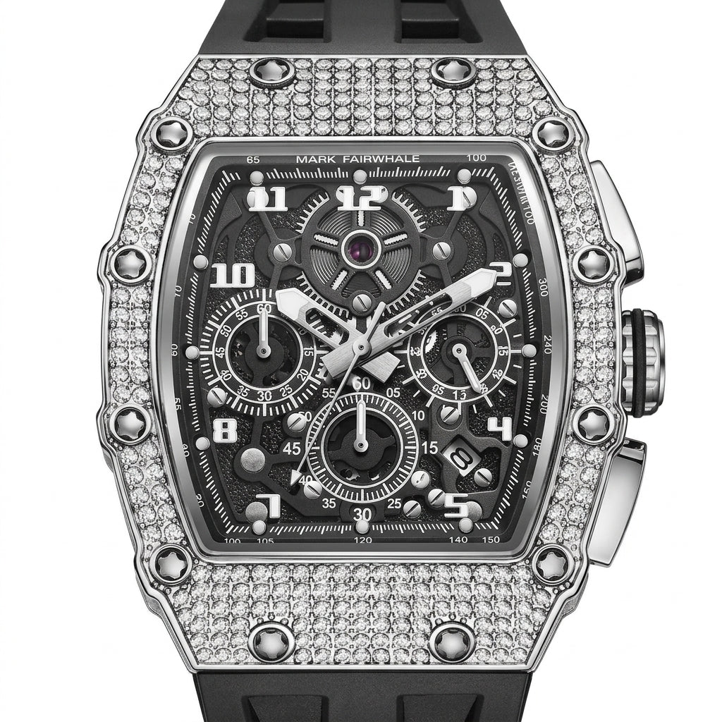 Luxury watch with diamond-studded case on a white background