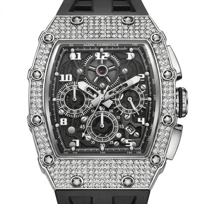 Luxury watch with diamond-studded case on a white background