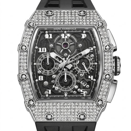Luxury watch with diamond-studded case on a white background