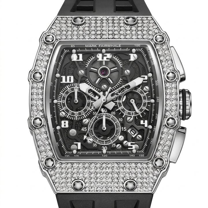 Luxury watch with diamond-studded case on a white background