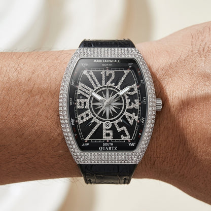 Luxury watch with diamond-studded case on a wrist against a neutral background