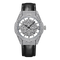 Luxury watch with diamond-studded face and black leather strap on white background