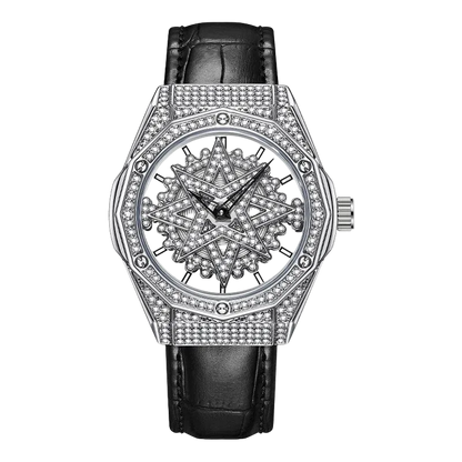 Luxury watch with diamond-studded face and black leather strap on white background