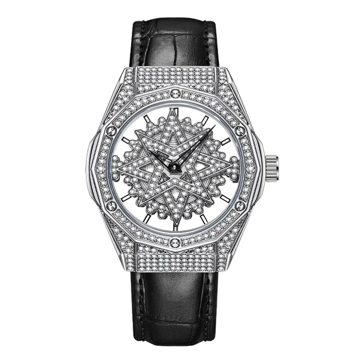 Luxury watch with diamond-studded face and black leather strap on white background