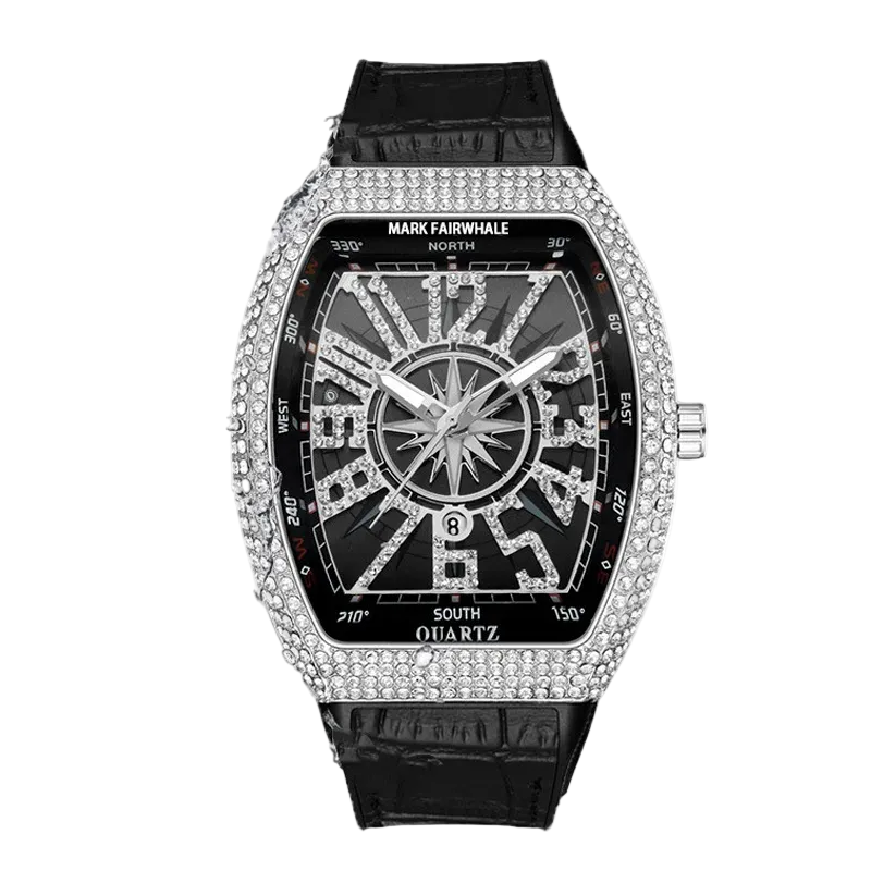 Luxury watch with diamond-studded face and black strap on a white background, featuring the Fairwhale brand.