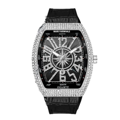 Luxury watch with diamond-studded face and black strap on a white background, featuring the Fairwhale brand.