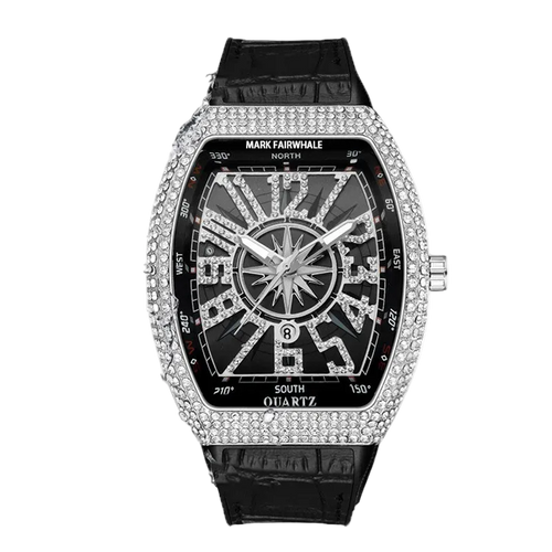 Luxury watch with diamond-studded face and black strap on a white background, featuring the Fairwhale brand.