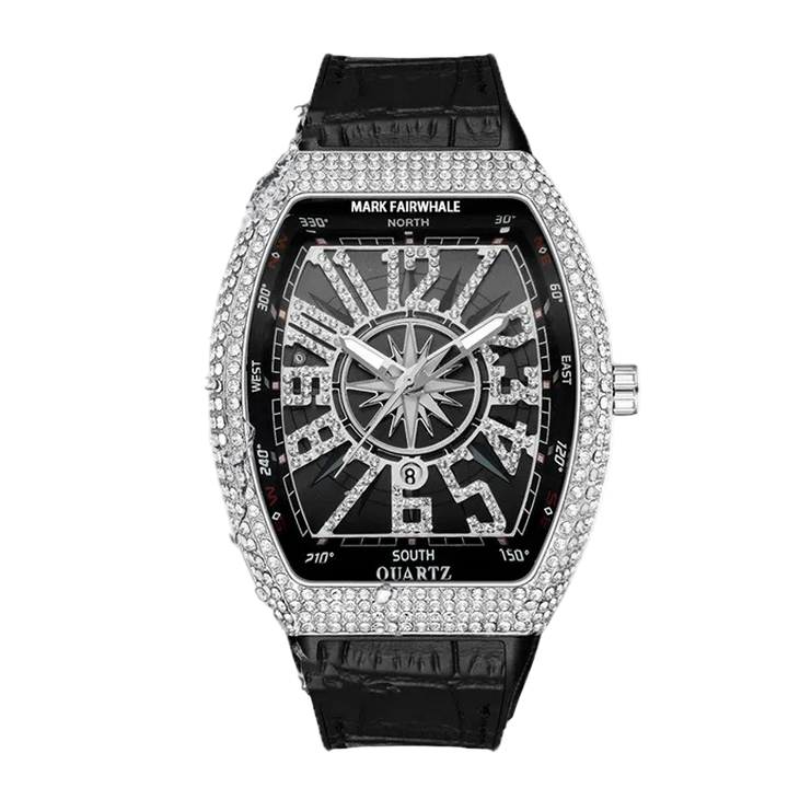 Luxury watch with diamond-studded face and black strap on a white background, featuring the Fairwhale brand.