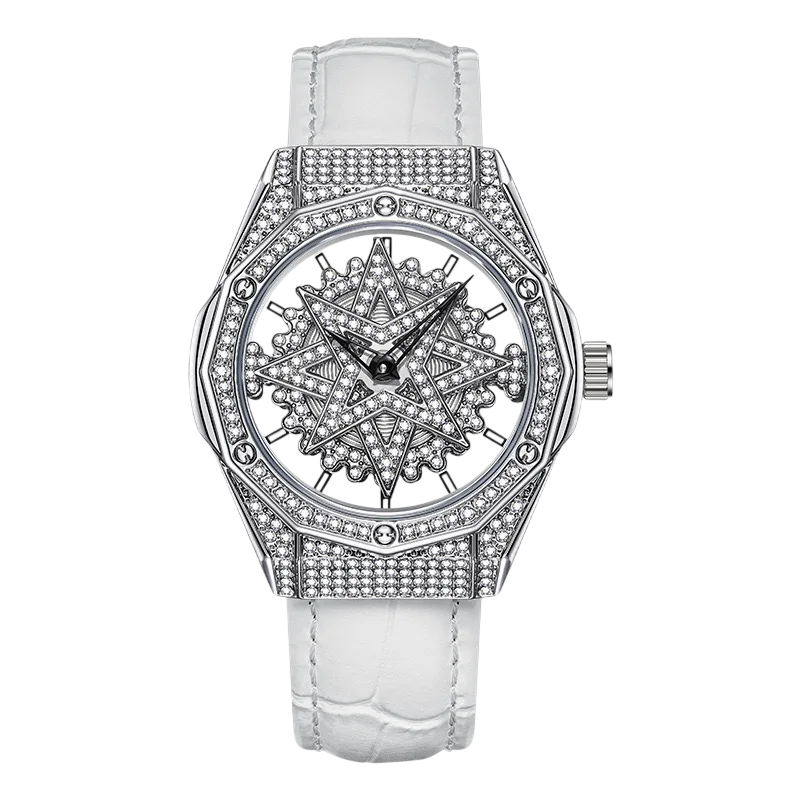 Luxury watch with diamond-studded face and white strap on a white background