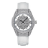 Luxury watch with diamond-studded face and white strap on a white background