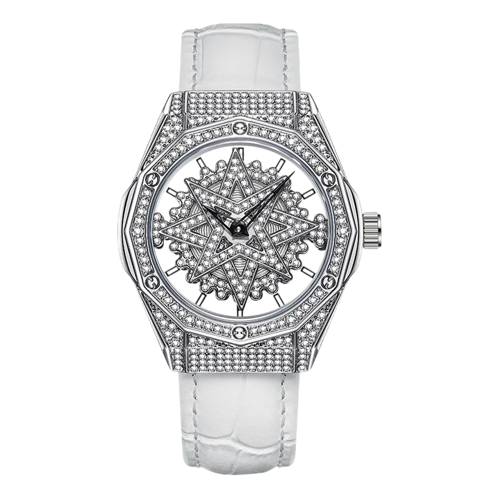 Luxury watch with diamond-studded face and white strap on a white background