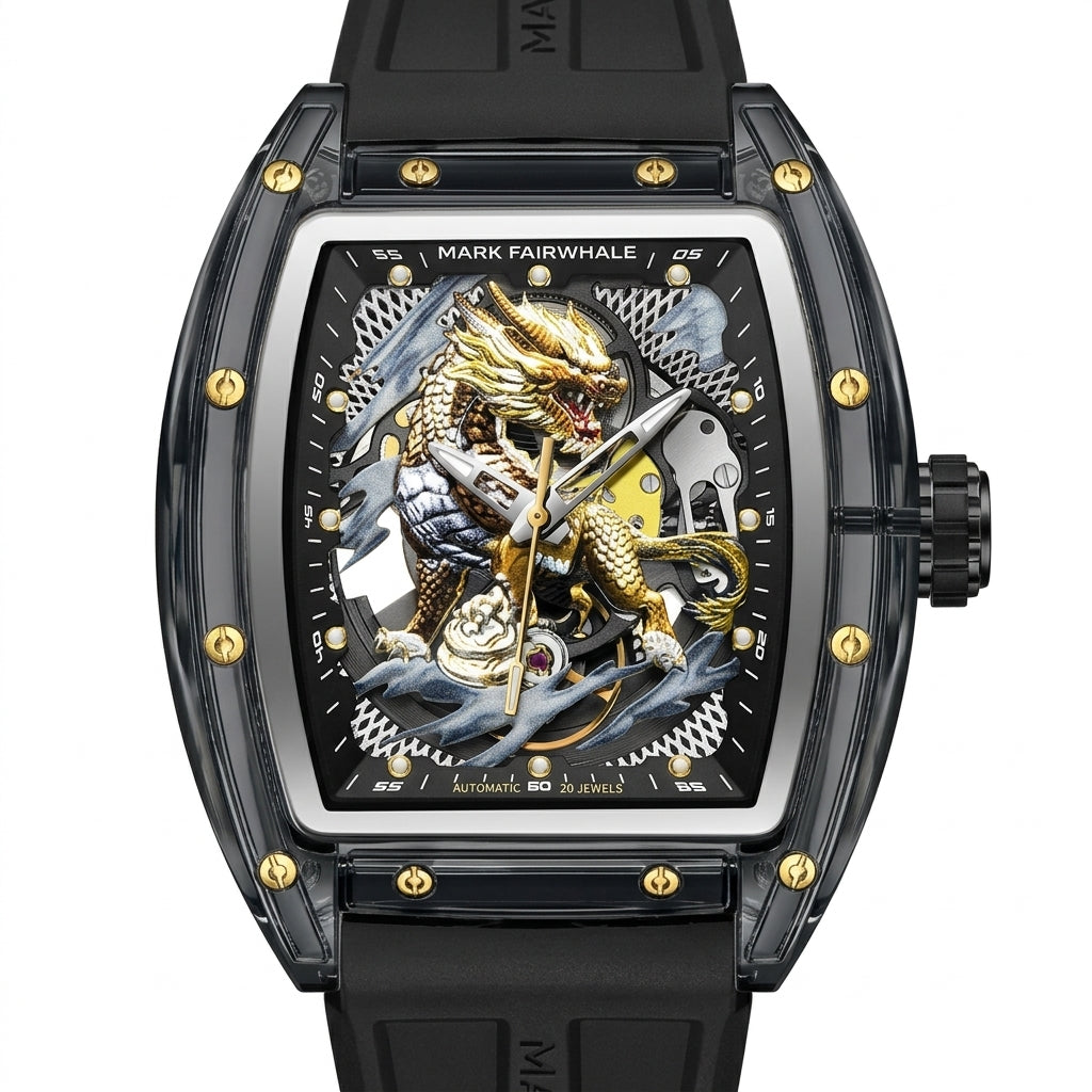 Luxury watch with dragon design and Mark Fairwhale branding on a white background