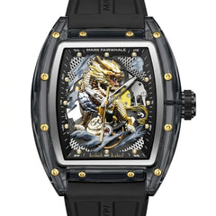 Luxury watch with dragon design and Mark Fairwhale branding on a white background