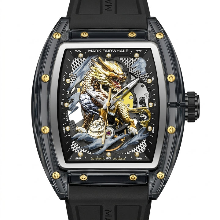 Luxury watch with dragon design and Mark Fairwhale branding on a white background