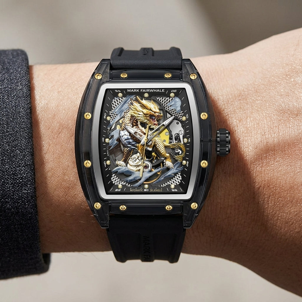 Luxury watch with dragon design on a wrist against a neutral background