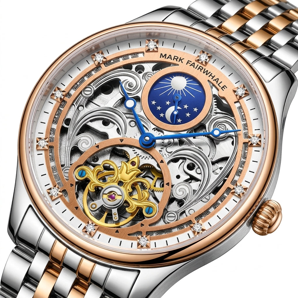 Luxury watch with intricate design and visible brand name on a white background