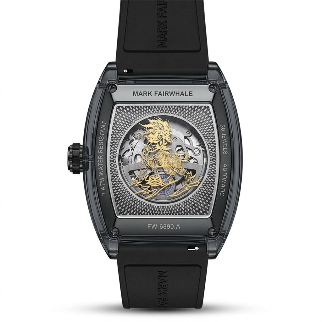 Luxury watch with intricate design and black strap on a white background