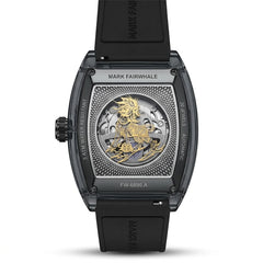 Luxury watch with intricate design and black strap on a white background