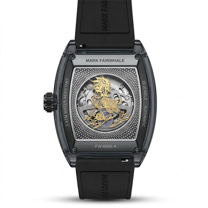 Luxury watch with intricate design and black strap on a white background