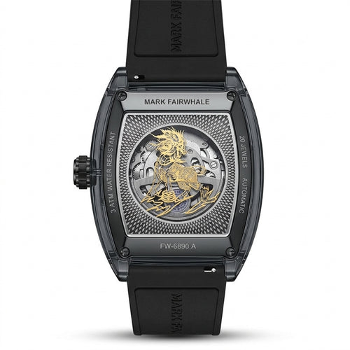 Luxury watch with intricate design and black strap on a white background