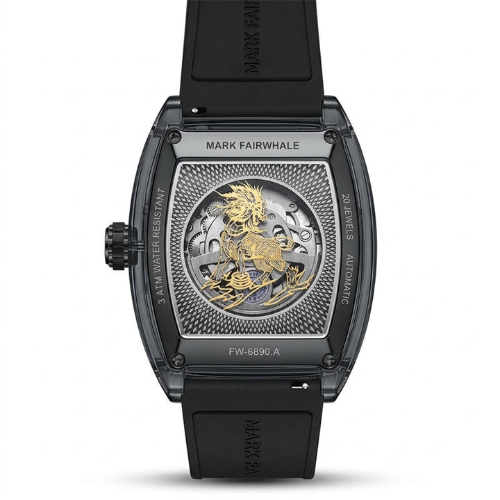 Luxury watch with intricate design and black strap on a white background