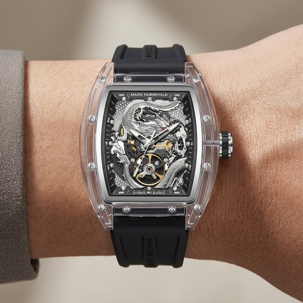 Luxury watch with intricate design on a wrist against a neutral background