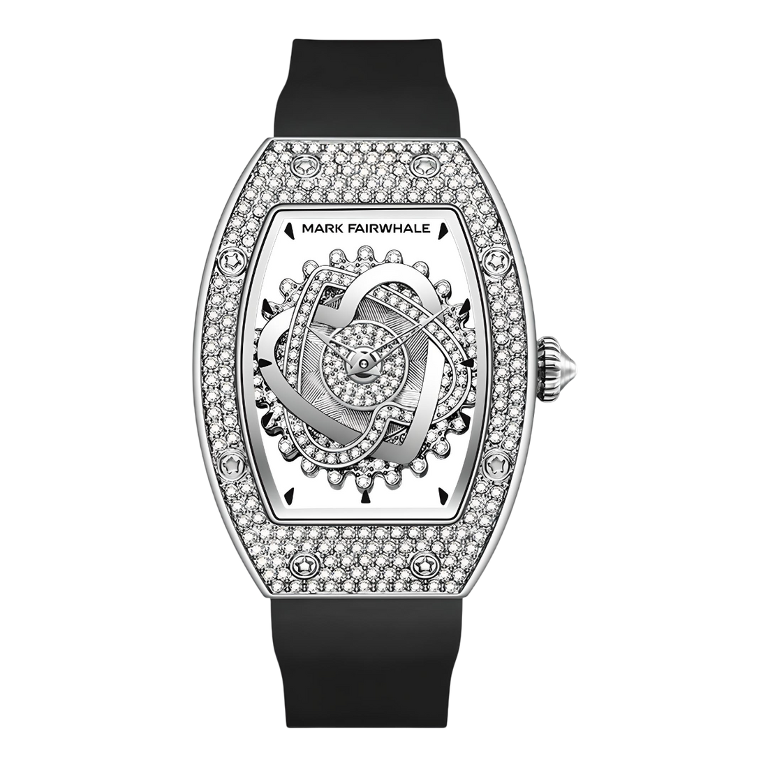 Luxury watch with intricate design and black strap on a white background