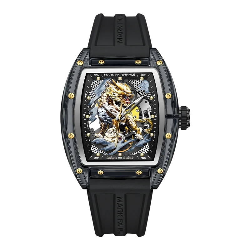 Luxury watch with intricate design and black strap on white background