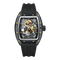 Luxury watch with intricate design and black strap on white background