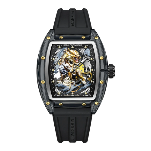 Luxury watch with intricate design and black strap on white background