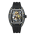 Luxury watch with intricate design and black strap on white background